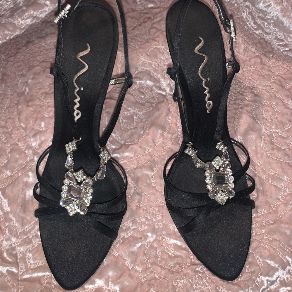 Nina Satin Strap Heels - Black